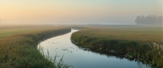 Hazy Landscape Featuring Canal Dawn