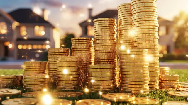 Investing in Property: Stacks of gold coins rise like towers in front of residential homes, highlighting the potential for financial growth and the realization of the real estate dream.