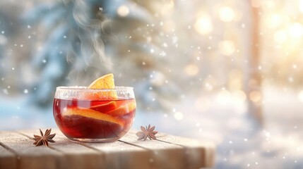 Hot winter tea with citrus and star anise in cozy sunlit setting