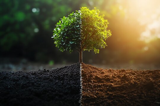 Harmony Between Two Worlds: A symbolic tree, with vibrant green on one side and barren brown on the other, stands as a testament to the balance and interplay between life and its antithesis.