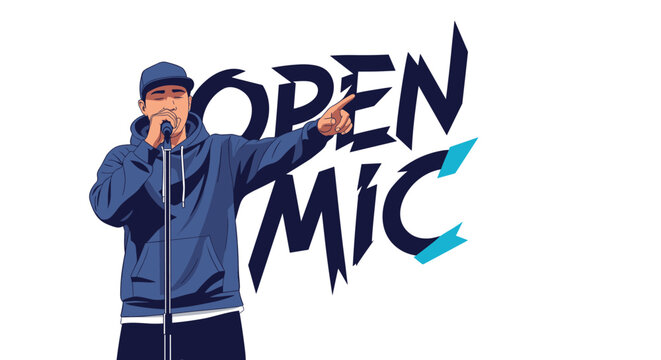 Male rapper with a microphone performing on stage in front of a bold graffiti style text that says OPEN MIC for a hip hop event.