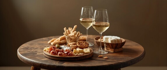 Fototapeta premium Tasty appetizer platter; tapas arranged on a circular wooden table alongside two glasses of white wine, including prosciutto, cheese, olives, and breadsticks
