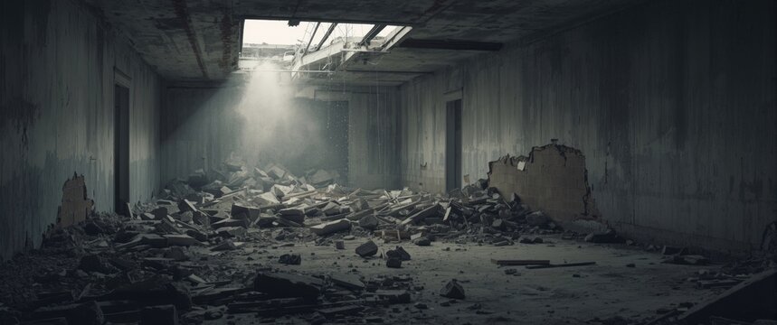 Interior of a room covered in rubble during demolition work