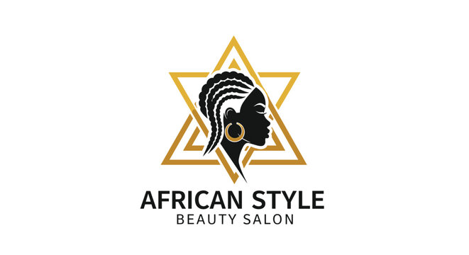 Professional logo for an African style beauty salon featuring a woman with braided hair profile inside a geometric golden star.