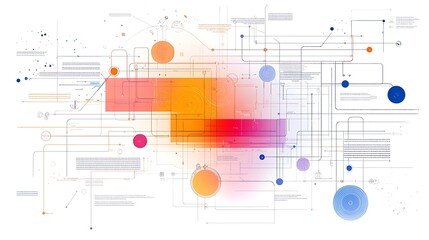 Fototapeta premium Abstract Technology Network: A visual representation of complex technology, depicting a network of interconnected elements, lines, and colorful shapes, symbolizing data flow, connections.
