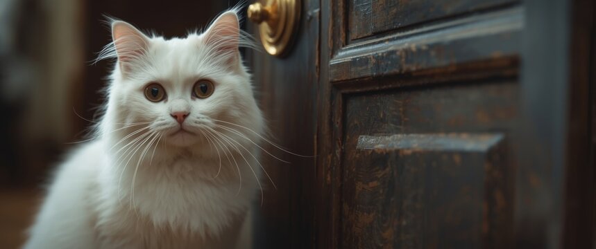 Feline sitting adjacent to a door