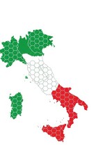 Italy outlined in a honeycomb pattern with its national colors