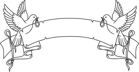 Fototapeta premium Two Peace Doves Flying and Carrying a Large Blank Ribbon Banner for Wedding Celebration and Message Greeting in Minimalist Line Art Style