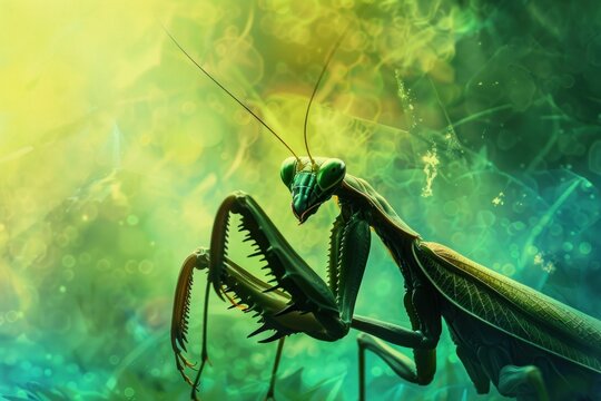 Close up of a praying mantis showcasing its vibrant green exoskeleton and intricate details on a blurred green background