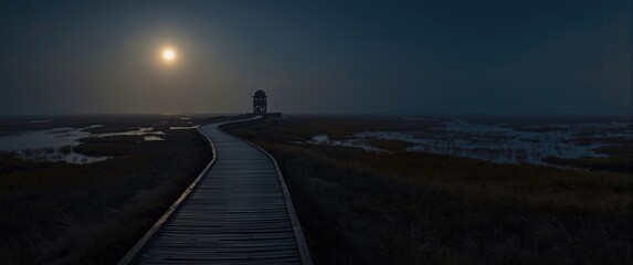 Moonlit hike along a wooden trail across a moor