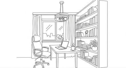 Obraz premium Interior design sketch of a modern home office with plants.