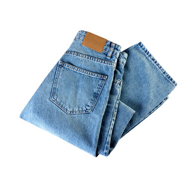 Folded blue jeans isolated on white, denim trousers,cutout,nobody.