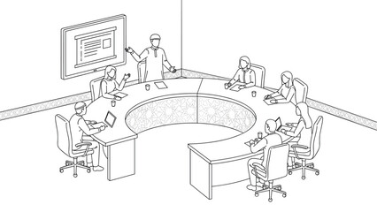Obraz premium Corporate Presentation in a Conference Room with People at a Horseshoe Table Line Art, Generative AI.