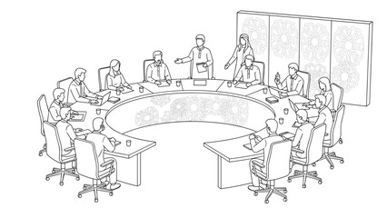 Group Meeting in a Modern Office with Modular Tables and Presentation Screen Line Art Illustration, Generative AI.