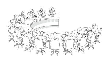 Obraz premium Professional Business Meeting with People Seated at a Large Circular Conference Table Line Art, Generative AI.