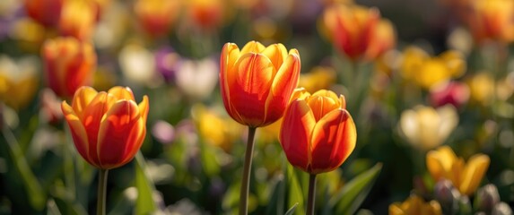 Fototapeta premium Selective focus on red and yellow tulips in a spring flowerbed