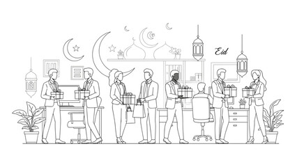 Fototapeta premium Lively Office Interior Line Art Showing Employees Exchanging Wrapped Gift Boxes Under Eid Decorations Including Hanging Lanterns and Moon Symbols, Generative AI.