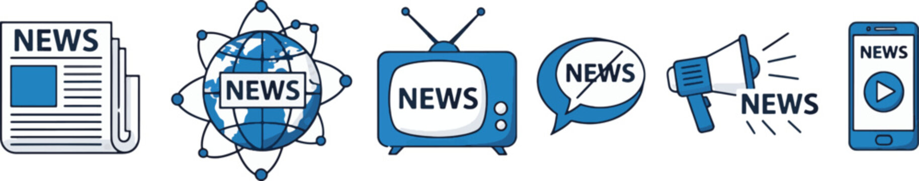 Mass media news icons including newspaper tv global web and megaphone