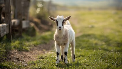 Fototapeta premium Young goat standing on grass under natural light, focusing on farm animal care, ideal for agricultural themes