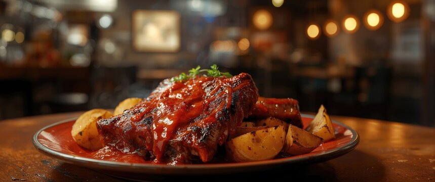 Potatoes and adjika accompanying chicken ribs