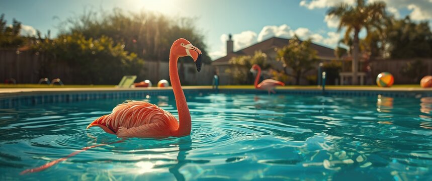 A pink flamingo in a backyard pool under the bright summer sun