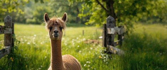 Obraz premium Pasture scene featuring a brown alpaca with hay on its head