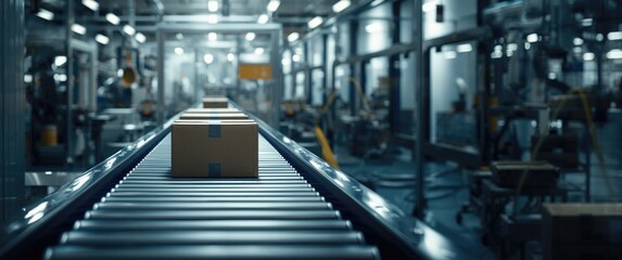 Obraz premium Automated box transport with conveyor system in factory environment