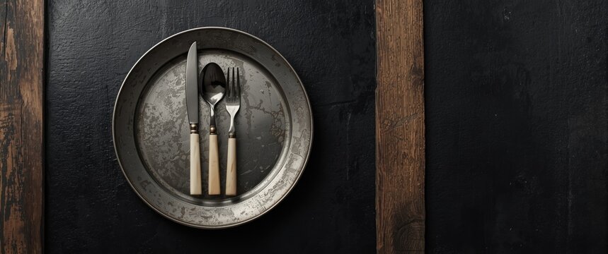 Old tin plate featuring vintage cutlery, table setting, and food elements with a black background