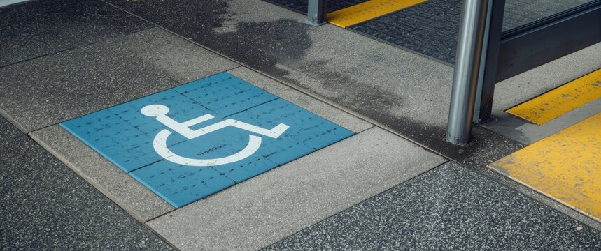 Disabled person symbol on handicapped sign with braille tactile tiles alerting before ramp access at healthcare center