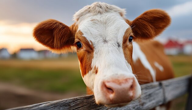 Curious Simmental Cow Peeking Over Barn Fence in Serene Pastoral Landscape with Rolling Hills