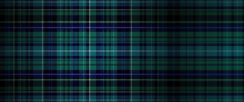 Blue and green Scottish tartan pattern with white plaid background and symmetrical square layout