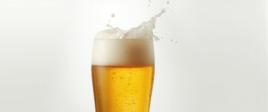 Glass of light beer with foam spilling over isolated on white
