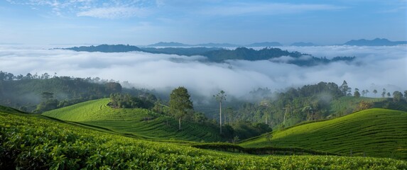 Naklejka premium Scenic beauty of tea plantations where lush green fields merge with drifting clouds, captivating the senses