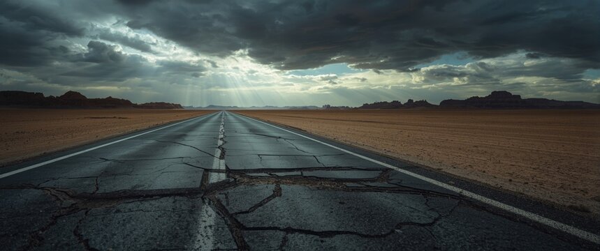 Cracked asphalt road with overcast sky in the Lut desert, the world's hottest desert, also known as Kalut Desert