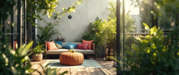 Naklejka premium Out-of-Focus Background of Cozy and Vibrant Balcony Lounge Featuring Colorful Cushions, Plants, and Stylish Decor for Outdoor Relaxation