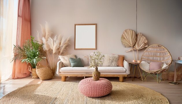 bohemian interior design style living room in pastel colors mock up with frame for picture generative ai