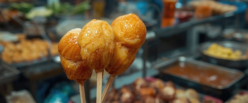 Fried egg-wrapped tapioca ball skewers sold as street food