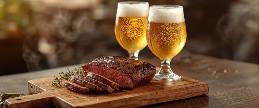 Two chilled tulipa beer glasses with sweaty condensation and grilled sliced cap rump steak on wooden board (Brazilian picanha)