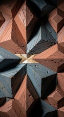 Abstract geometric pattern of wooden blocks in brown and blue