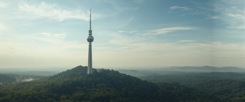 Panoramic view of Avala hill with the Avala toranj in the center, a TV tower in the Belgrade suburbs, Serbia