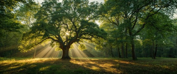 Obraz premium Stunning woodland with sunlight streaming through the branches