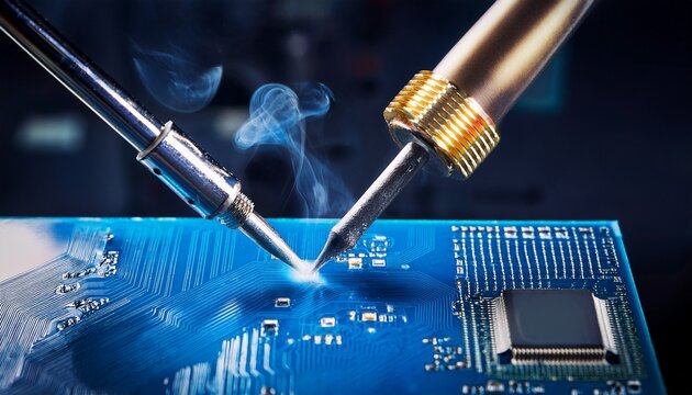 soldering iron tip working on blue pcb with oled display melting solder and emitting smoke electronic repair and engineering