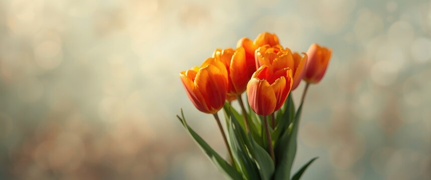 Ragged-edged orange tulips of Irene Parrot hybrid against a blurred backdrop