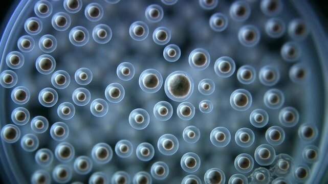 Close-up of microscopic cells in a petri dish. Represents scientific research, cellular biology, and the study of life forms