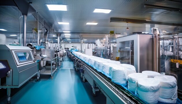 disposable diaper production factory on the conveyor belt