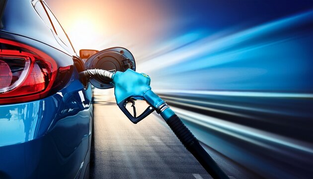 a blue fuel pump nozzle is inserted into a car s fuel tank refueling concept