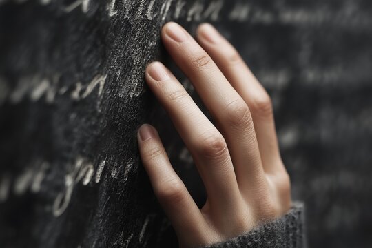 Hand touching engraved calligraphy on dark marble monument, funeral concept, grief