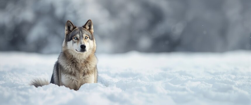 Beautiful and fit wolfdog posing amidst the snow