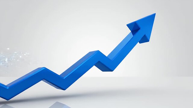 Blue Upward Arrow Symbol - A dynamic blue arrow is shown pointing upwards on a white background. The arrow symbolizes business growth, financial progress, and forward momentum.