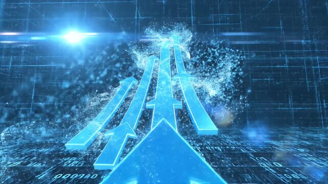 Dynamic Blue Arrows Rising with Luminous Particles - An abstract digital background shows dynamic blue arrows moving upward, surrounded by luminous particles.